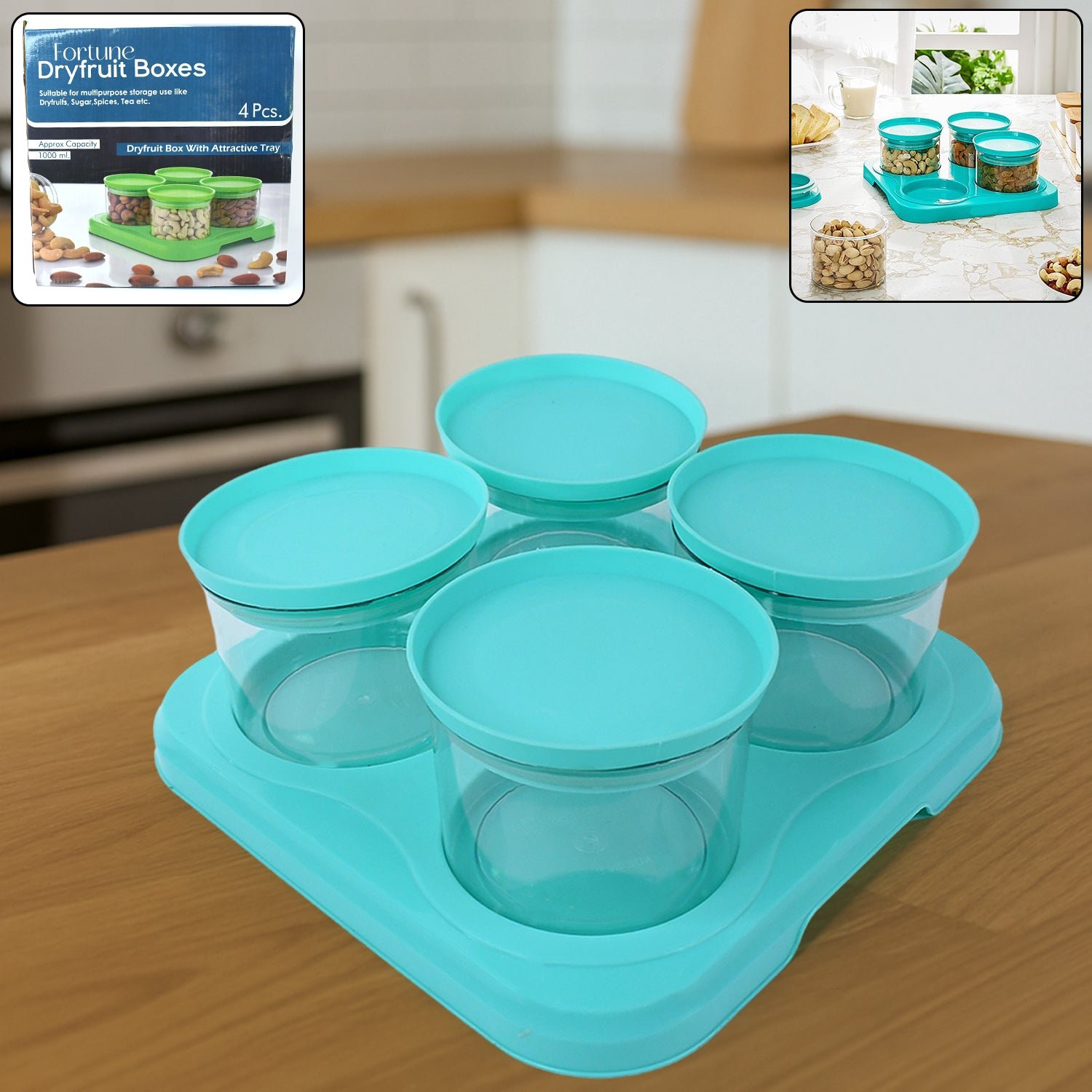 01_030a4e0a-77d8-4454-8838-effa8416a397.jpg Airtight Container Jar 4 Pc Set With Stylish Tray for Kitchen Unbreakable Jar Set for Multipurpose Storage ( Mukhwas Dani ) - Image 1