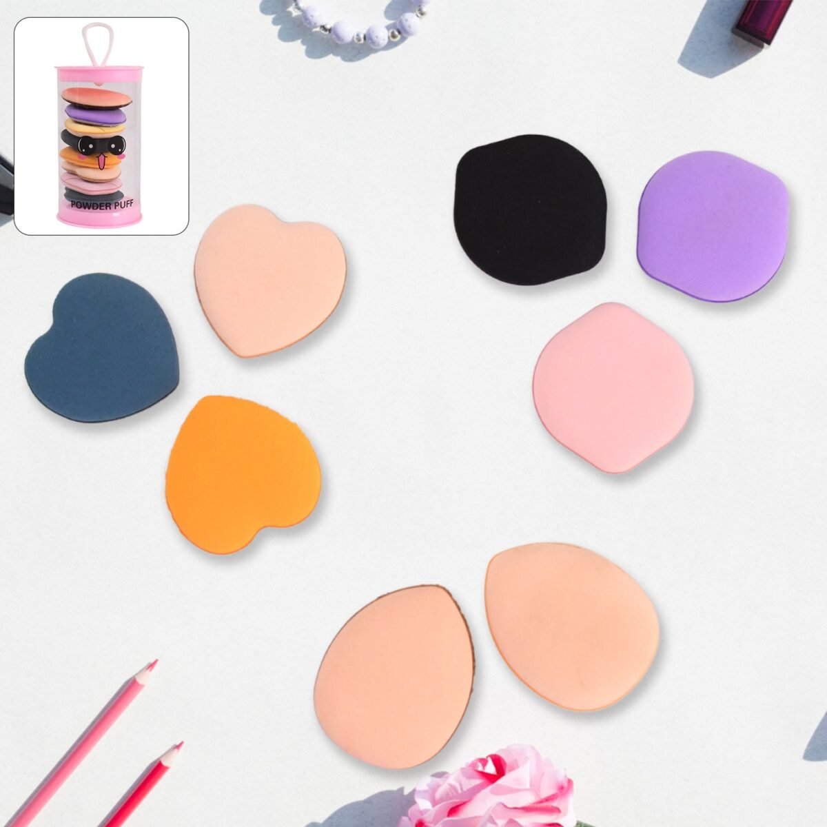 Mini Finger Makeup Powder Puff (Multicolour, 8 Pcs Set) - Image 1