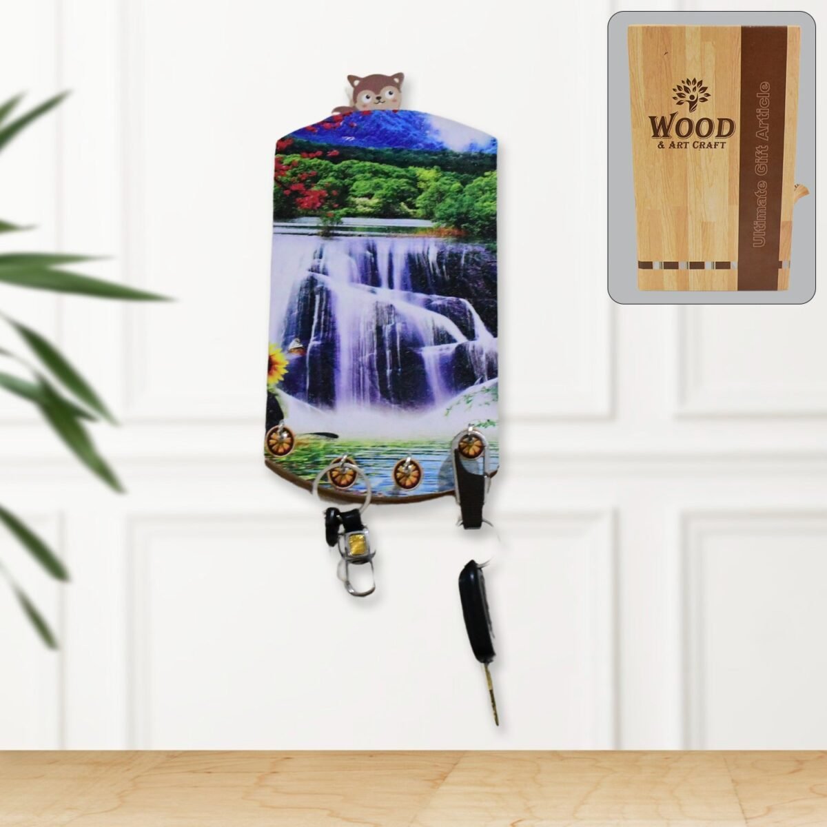Decorative Wooden Vertical Scenery with Hooks for Wall Hanging - Image 1