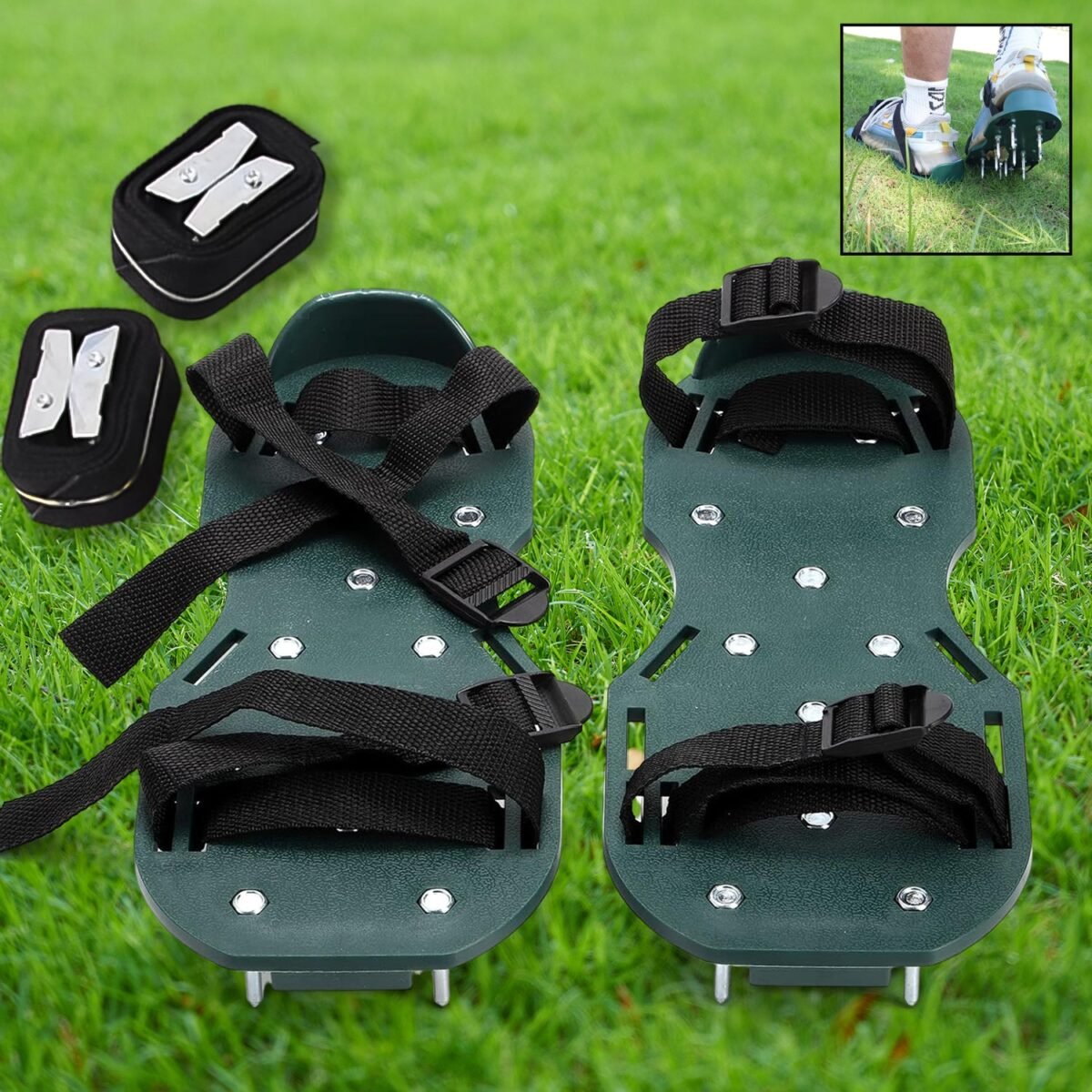 Lawn Aerator Spiked Sandals – Green Studded Garden Grass Shoes (1 Pair) - Image 1