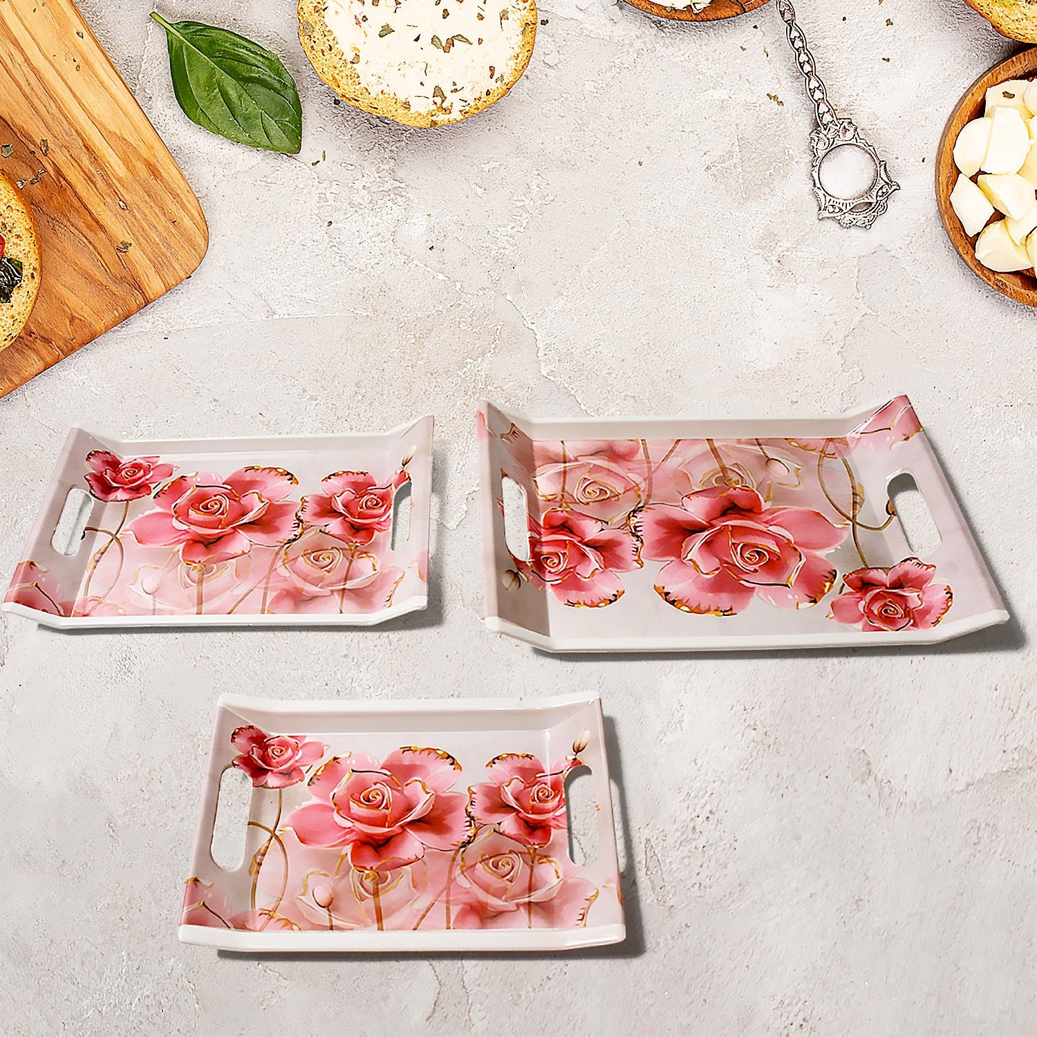 01_46a25ab1-491e-4f48-b67f-11778cd3ca81.jpg Plastic Rectangular Shape Flower Printed Design Serving Tray 3 pcs Home and Kitchen Use (3 pcs set) - Image 1