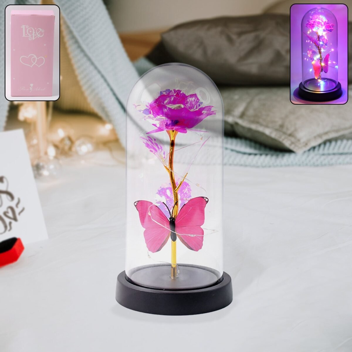 LED Decorative Rose with Butterfly in Transparent Plastic Dome (1 Pc / Battery Not Included) - Image 1