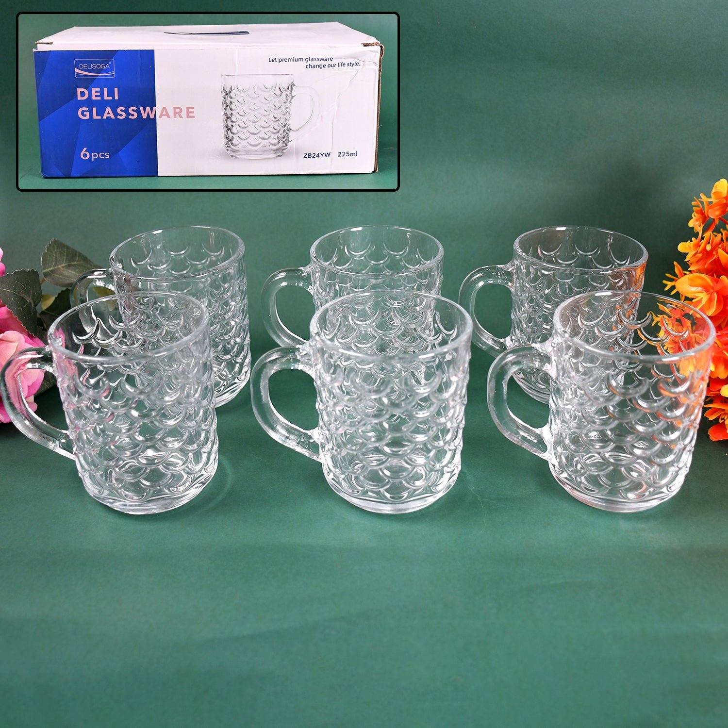 01_59823638-619b-437f-b2fc-a733f64b7ed0.jpg Glass Coffee & Tea Cup / Mug With Handle, Water glass (6 pcs Set / 225 ML) - Image 1