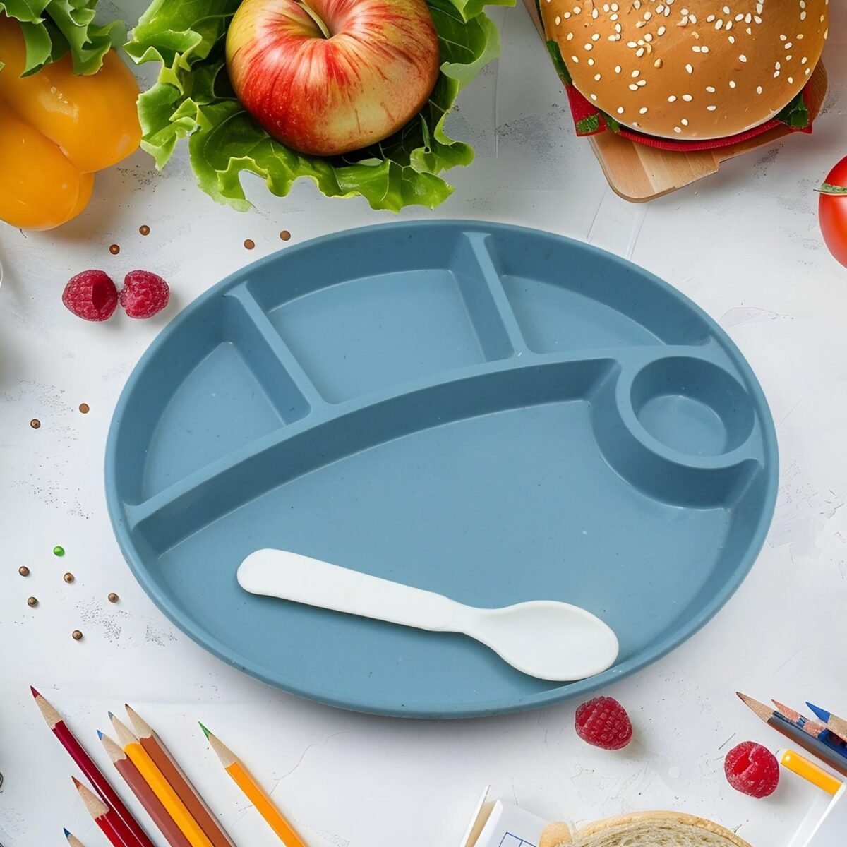 Plastic Food Plates / Biodegradable 5 Compartment Plate With Spoon for Food Snacks / Nuts / Desserts Plates for Kids, Reusable Plates for Outdoor, Camping, BPA-free (1 Pc) - Image 5