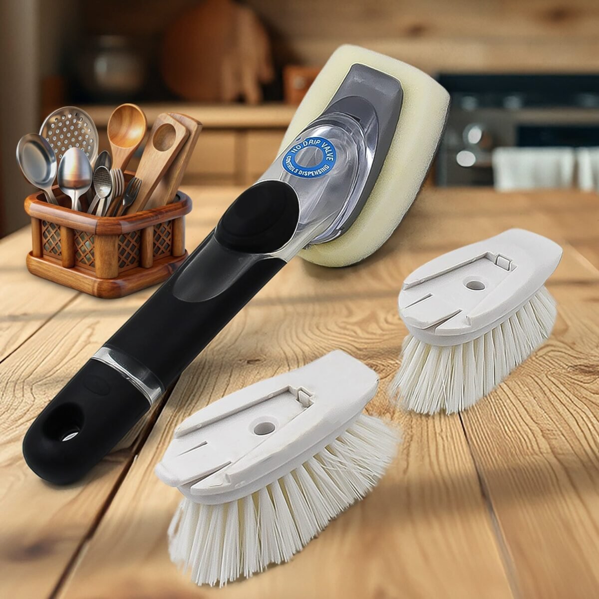 Dish Scrubber with Soap Dispenser, Soap Dispensing Dish Brush Set (1 Set / With Brown Box) - Image 1
