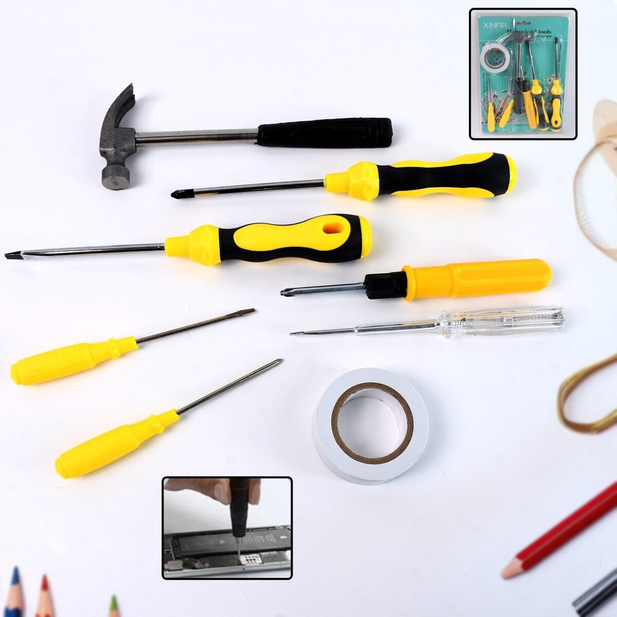8 In 1 Hand Tool Kit, Steel And Plastic Hammer, Screwdriver & Tape - Image 1