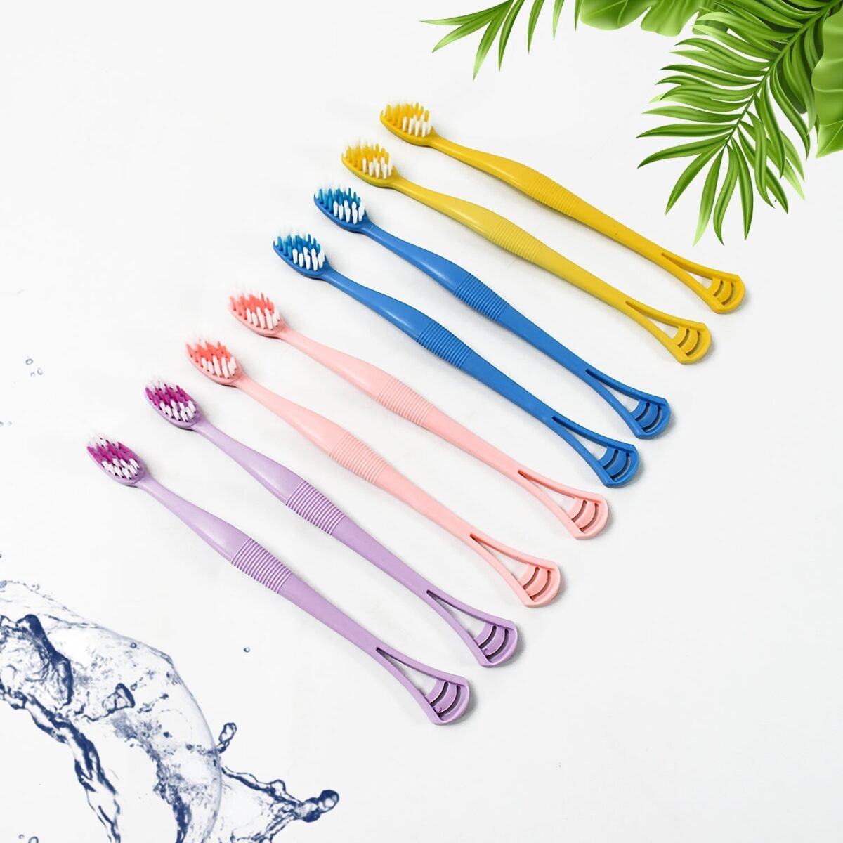 2-in-1 Tooth Brush with Tongue Scraper, Soft Bristle & Long Handle (8Pcs) Soft Toothbrush - Image 1