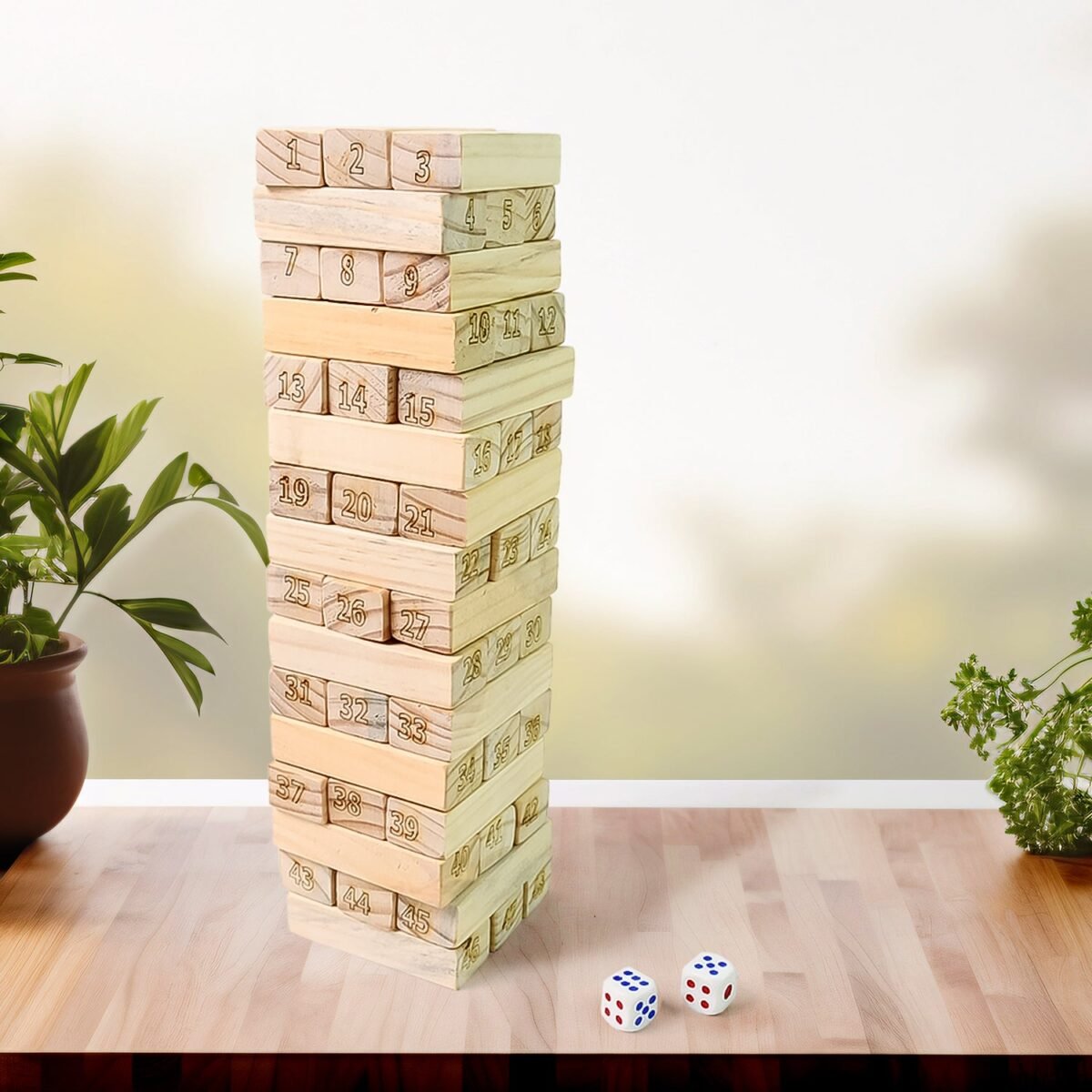 Wooden Tumbling Stacking Tower Game, Zenga tower (48 Pcs Blocks 2 Dices) - Image 3
