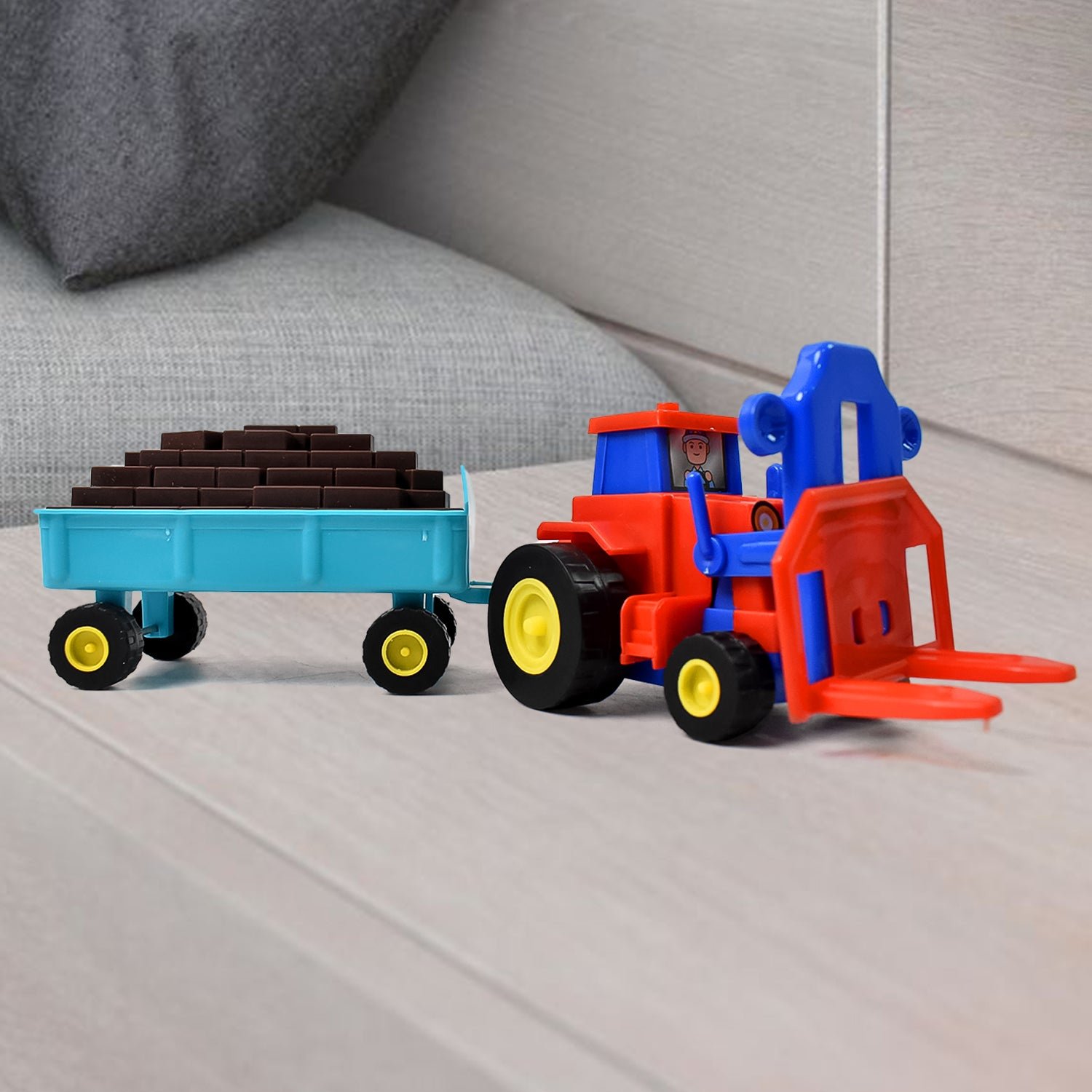 01_a800b45f-40bb-4dd1-86e4-53f266128d5f.jpg Plastic Tractor Toy Friction Powered Tractor with Bricks Trolley (1 Pc) - Image 1