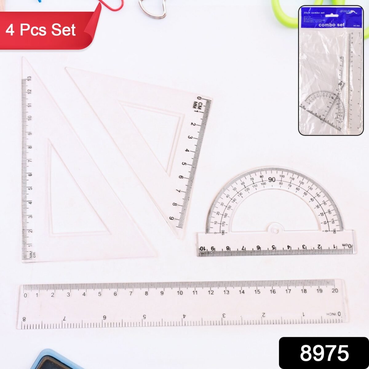 Plastic Geometry Set, Triangle Ruler Protractor Straight Ruler (4 Pcs Set) - Image 2