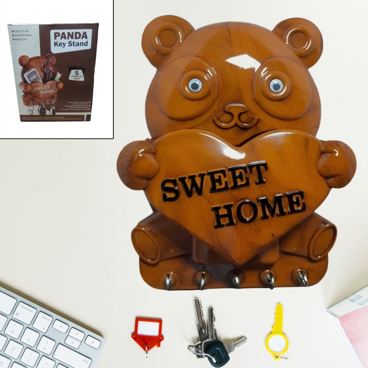 Cute Plastic Panda Key Holder, Wall Key Rack with 5 Hooks (1 Pc) - Image 1