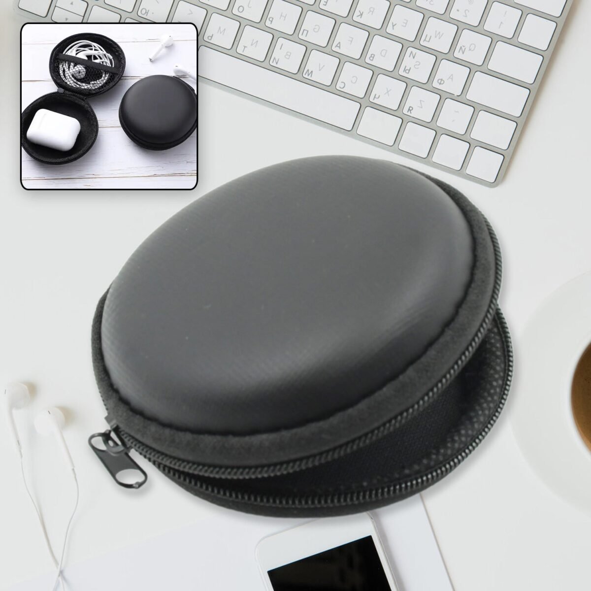 Cute Round Earphone Carrying Case - Multi-Use Pocket Pouch for Headphones, Cables, Coins, Airpods & More - Image 1