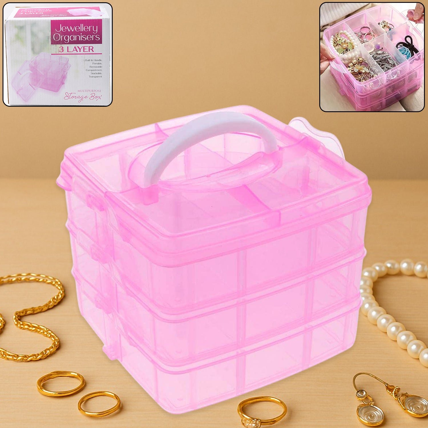 01_daad6b01-ed8d-4432-9258-afa5aa65ad3a.jpg Versatile 18-Grid 3-Layer Transparent Plastic Organizer Box with Adjustable Dividers for Jewelry & Fishing Hooks - Image 1