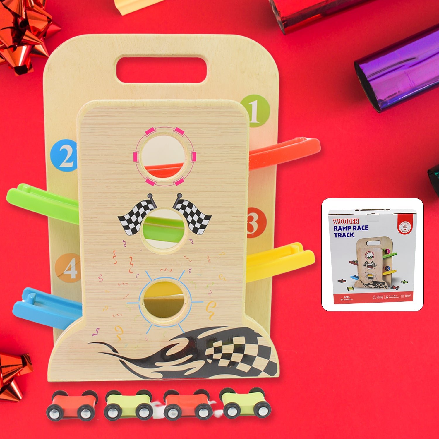 01_ddbff7d3-b964-497c-bd40-1ea5933a7edb.jpg Wooden Ramp Racer Race Track Vehicle Play sets With 4 Mini Racers (with Handle) - Image 1