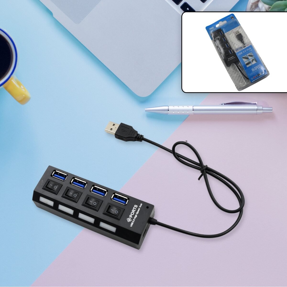 4 Port USB, HUB USB 2.0 HUB Splitter High Speed with On/Off Switch Multi LED Adapter Compatible with Tablet Laptop Computer Notebook - Image 1