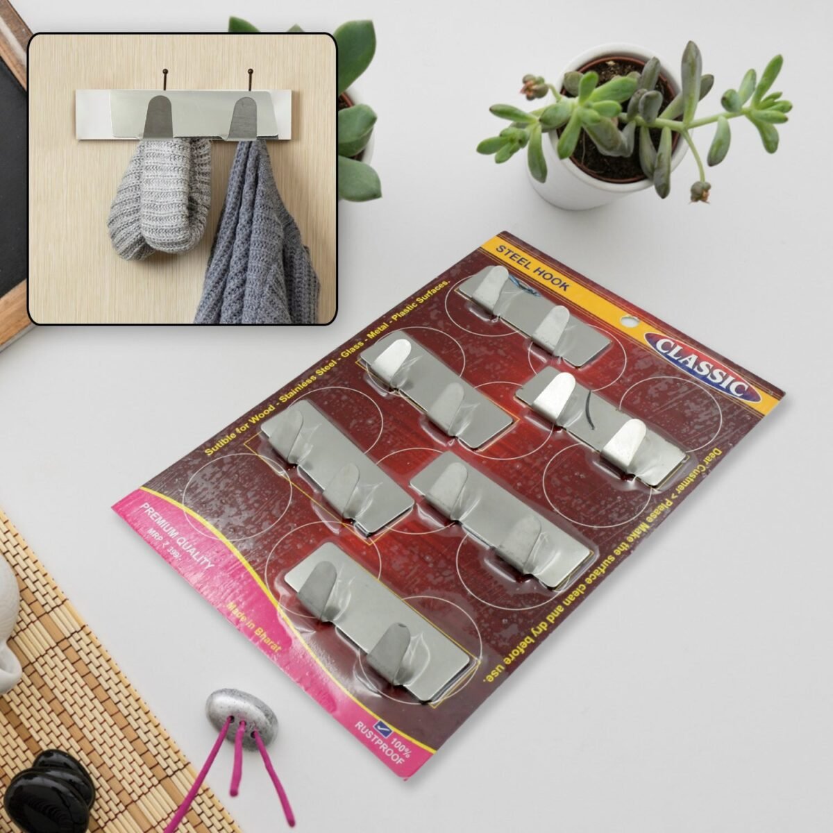 Self-Adhesive Wall Hooks (6 Pcs): Stainless Steel, Multipurpose for Home - Image 1