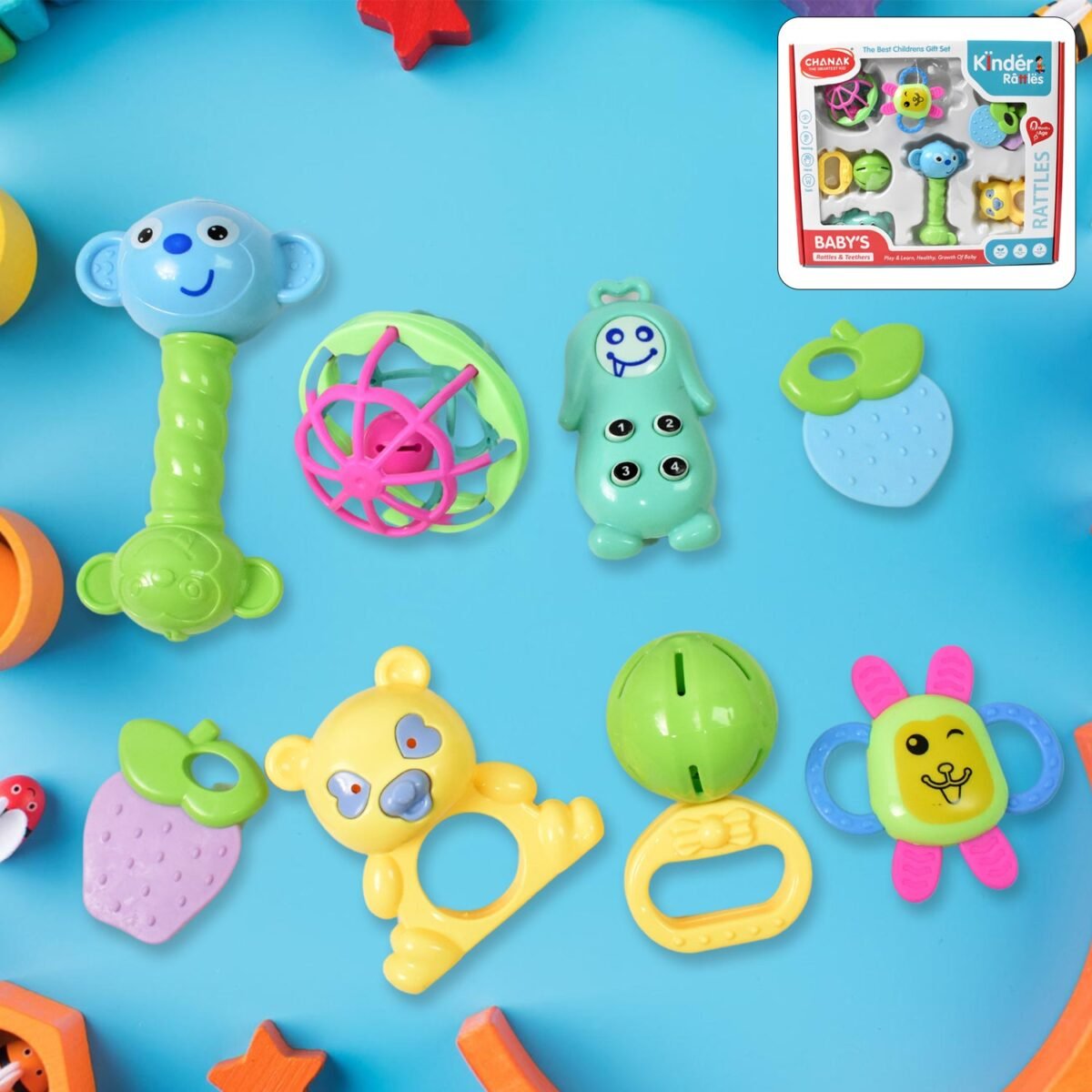 Kinder Rattles Classic Store Plastic Non-Toxic Shake and Grab Ball Baby Rattles & Teethers (8 Pcs Set) - Image 4