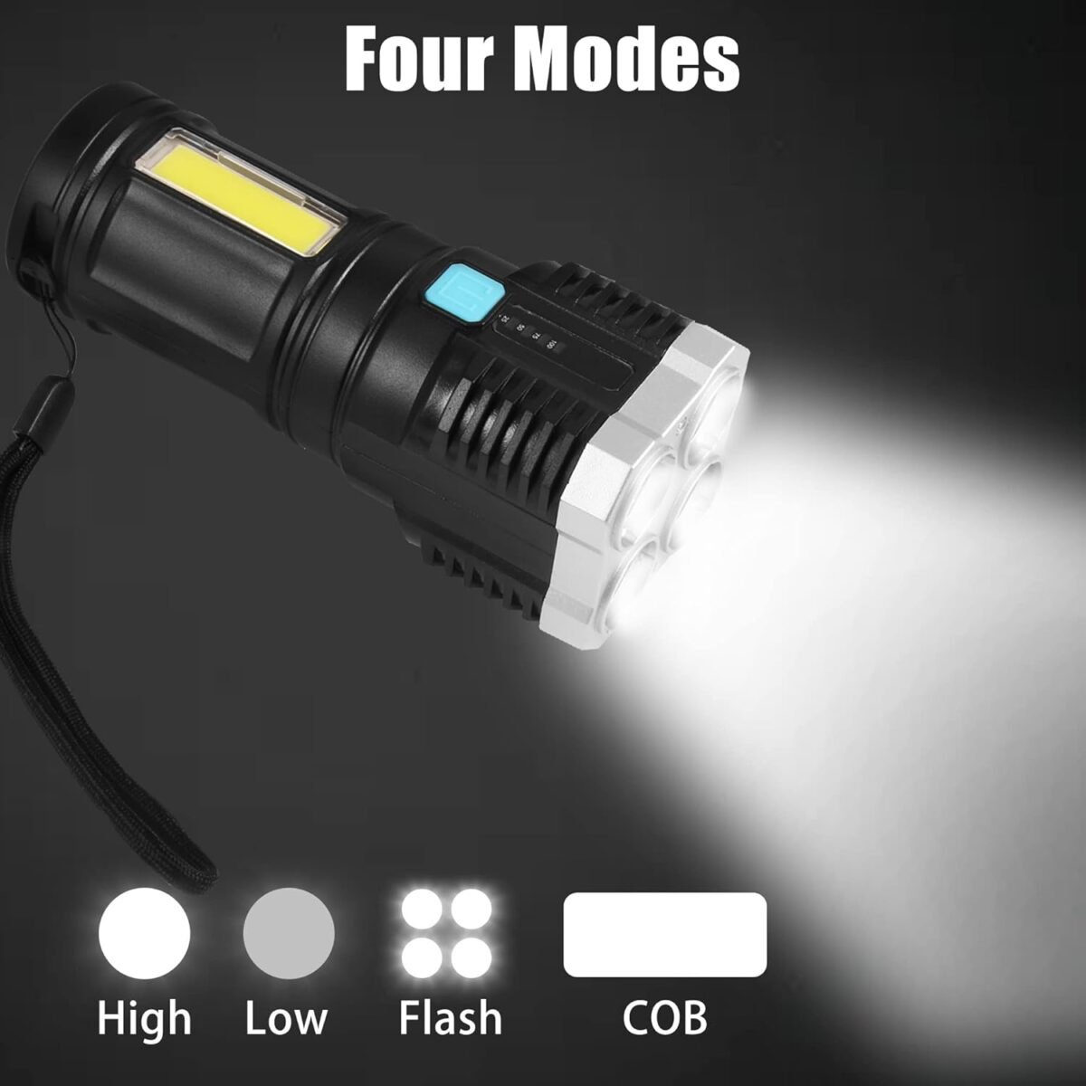 Multifunctional Strong 4 LED Torch Light, Portable Rechargeable Flashlight Long Distance Beam Range 800 Lumens COB Light 4 Mode Emergency for Hiking, Walking, Camping (4 LED Torch) - Image 3