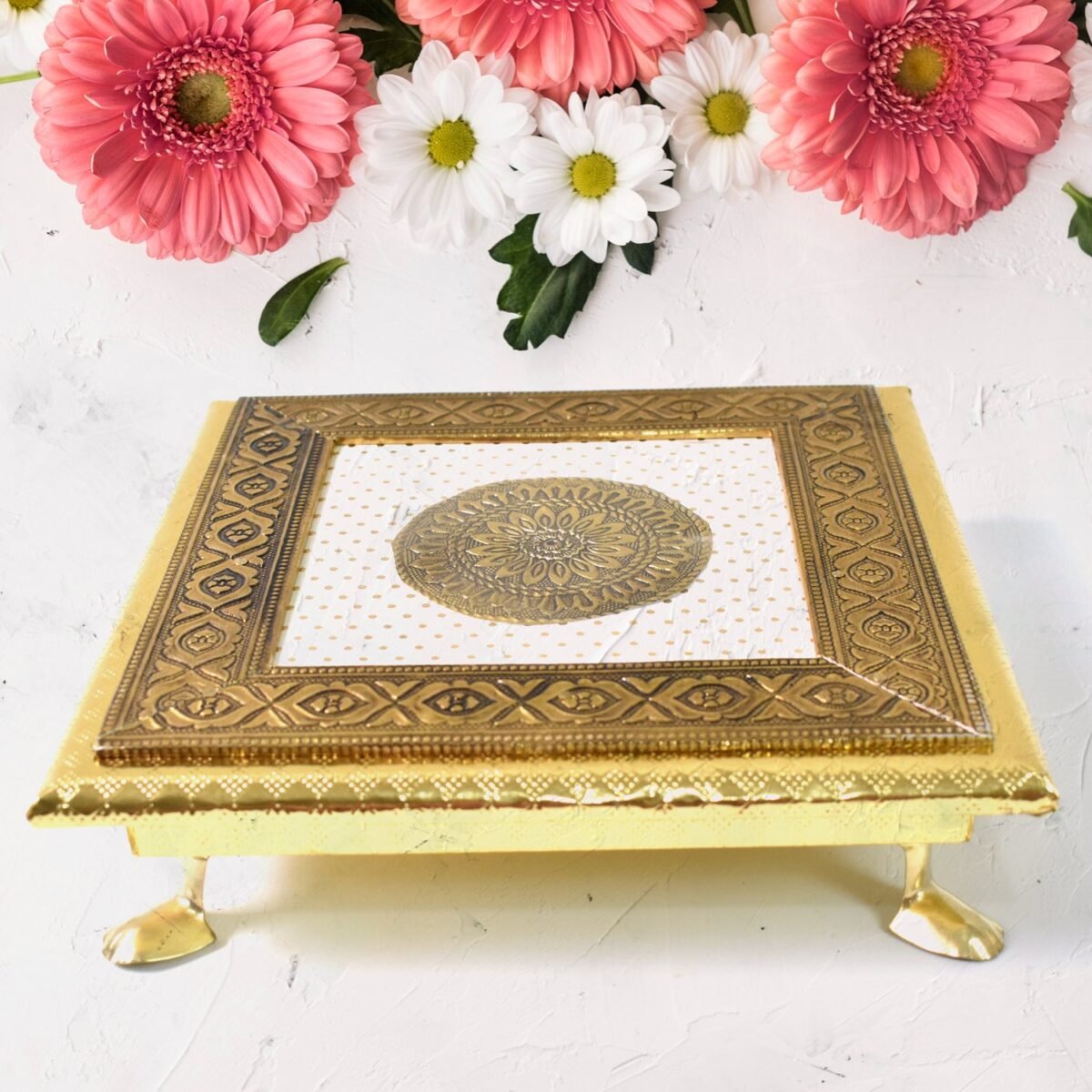 Golden - Square Pooja Chowki Patla / Bajot (20×20 CM / 1 Pc) - Image 1