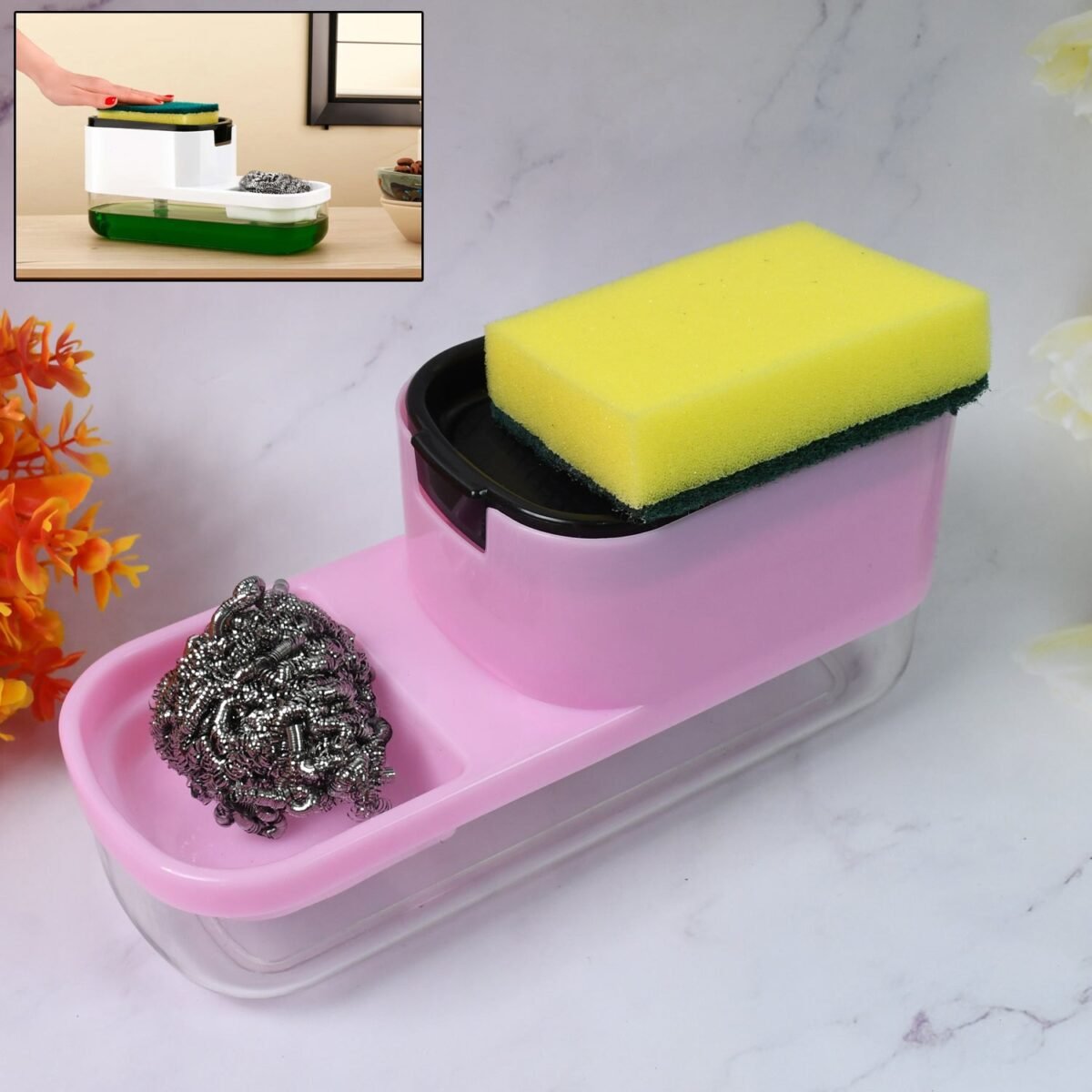 2 in 1 Plastic Dish Soap Liquid Dispenser Sponge Holder (1 Set) - Image 1