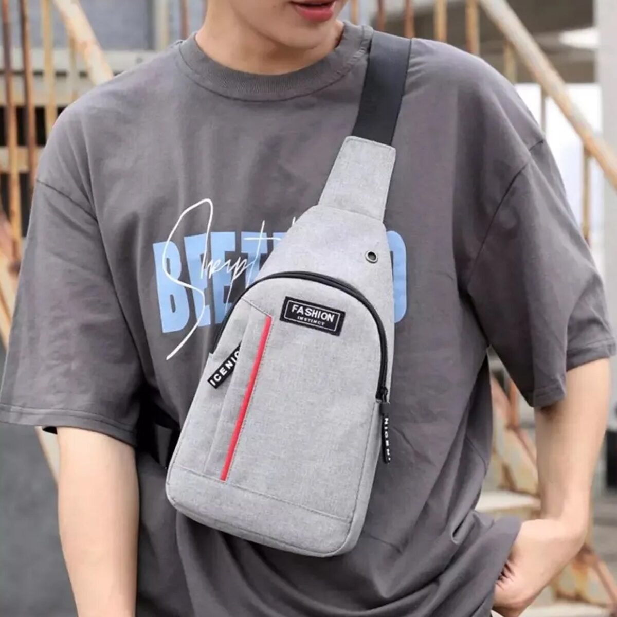 Waterproof Anti-Theft Crossbody Fanny Pack with USB Charging & Earphone Hook (Grey/Blue) - Image 1