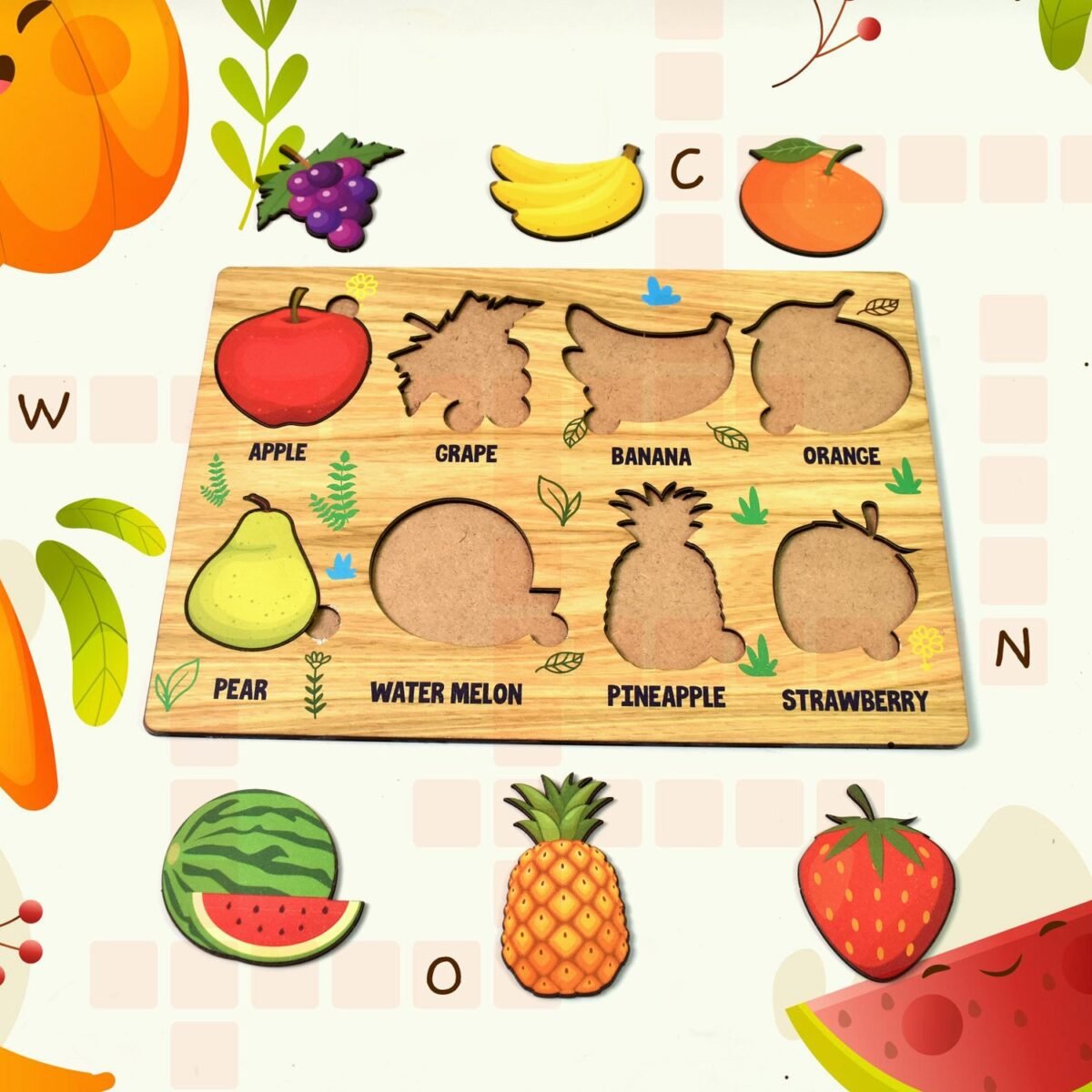 Wooden Fruits Puzzle Learning Educational Board (1 Set / 28×20 Cm) - Image 1