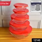 Modern Glass Bowl Set, Mixing / Storage Bowls with Red Lids (5 Pcs Set) - Image 3