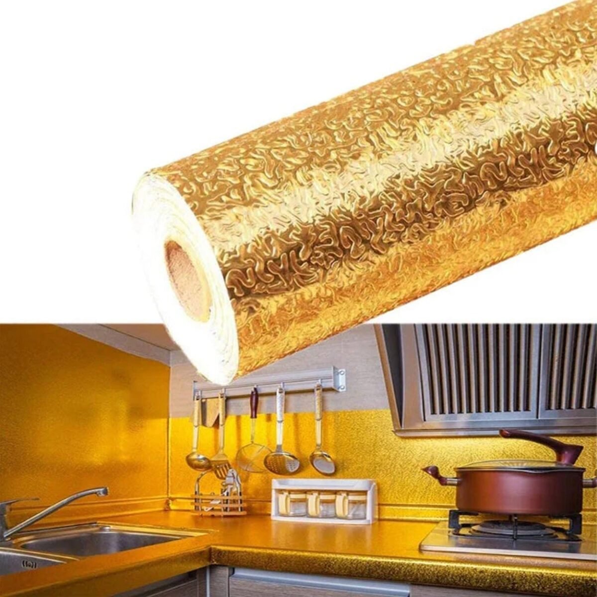 Oil Proof Sticker, Waterproof Self Adhesive Aluminum Foil Wallpaper (60 cm×200 Cm / Golden / 1 Pc) - Image 6