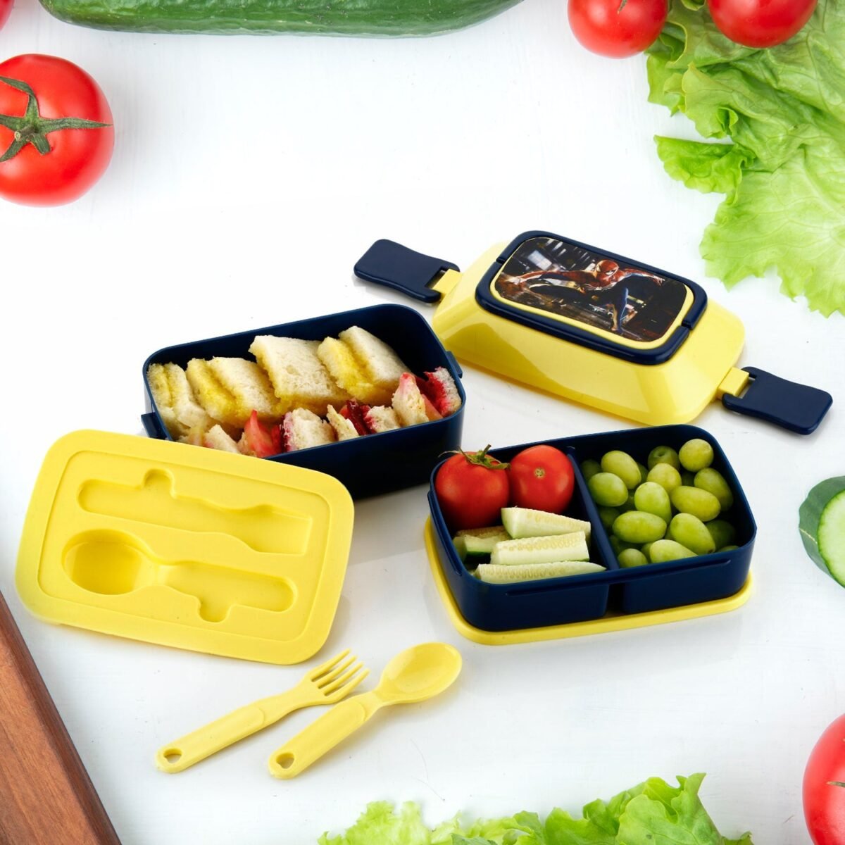5621 Double Layer Lunch Box Stylish Lid Lunch Box With Fork & Spoon Lunch Box For Children School Lunch Box  - Image 1