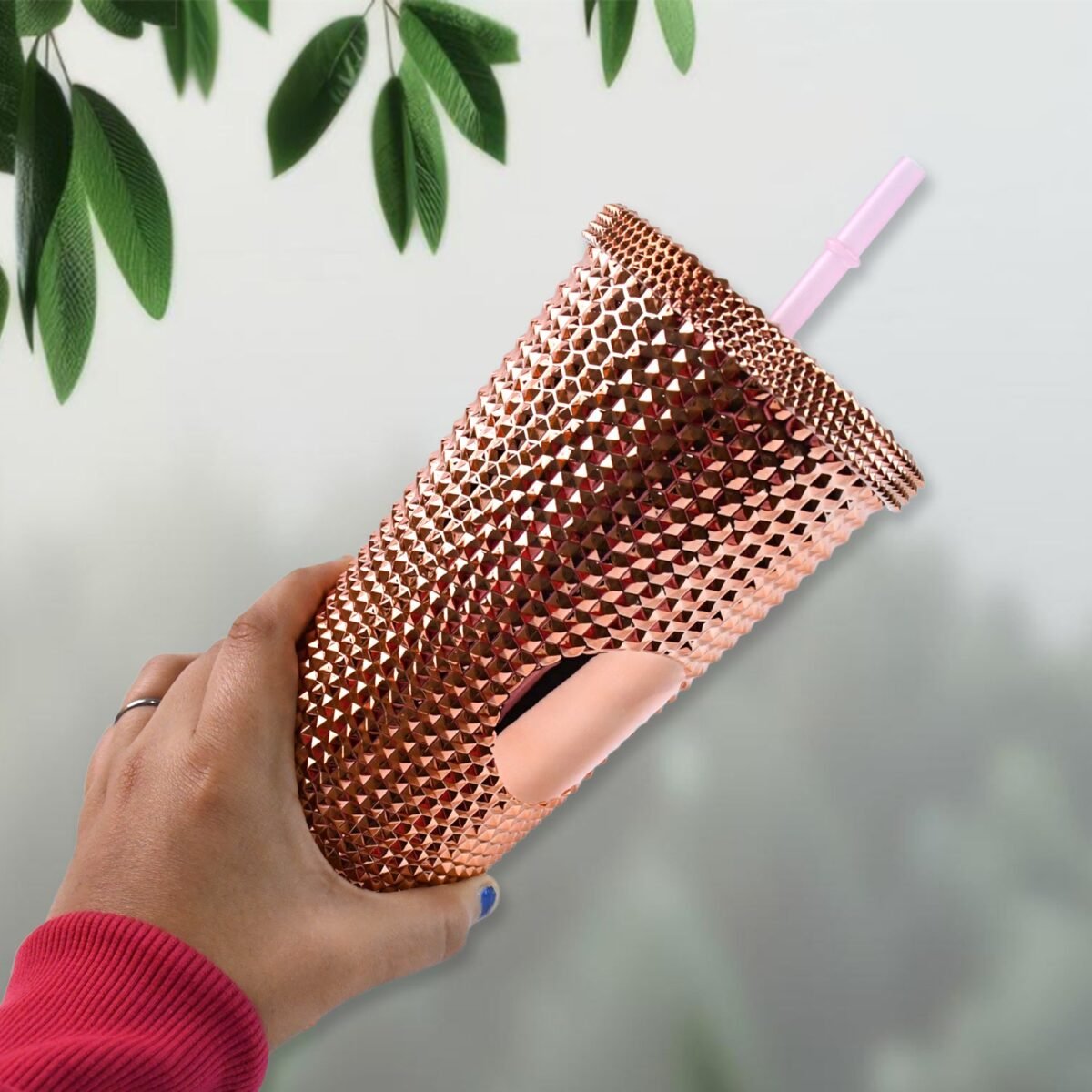Studded Cup Tumbler Straw Lid - Plastic Double Walled Cold Cup for iced Coffee - Image 3