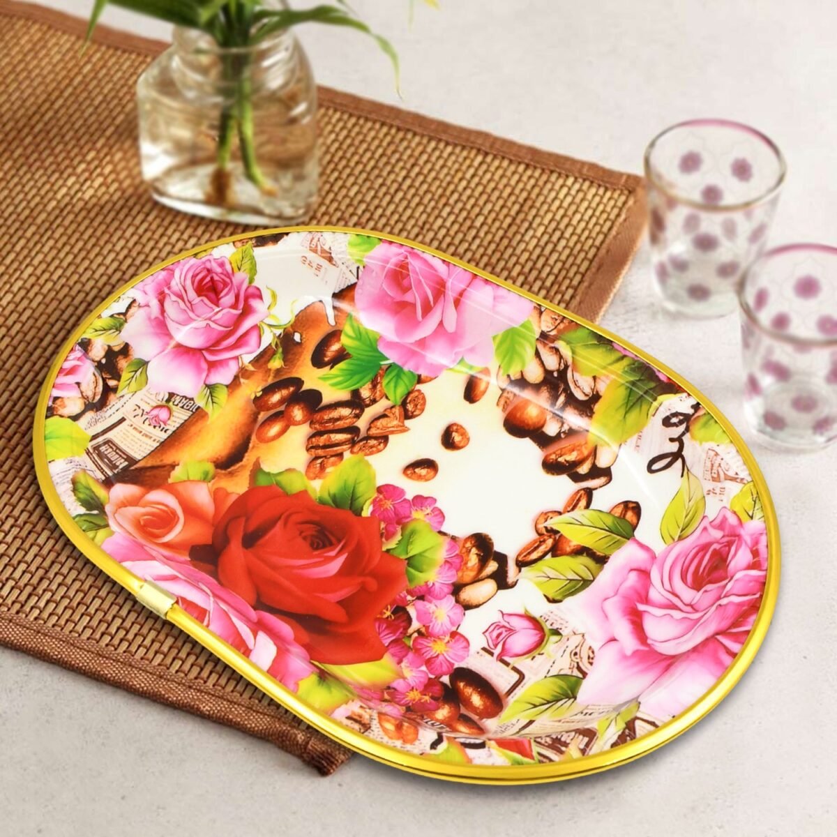 Small Plastic Flower Printed Design Serving Tray (1 Pc / 27 x 18 CM / Mix Color) - Image 7