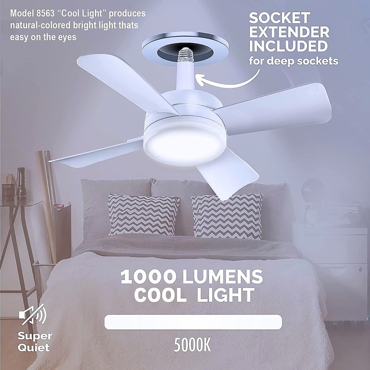 Original Cool LED Socket Fan Light – Ceiling Fan Replacement, 1000 Lumens/5000K, Remote Controlled (Remote Battery Not Included) - Image 5
