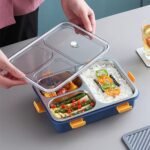 3 Compartment Transparent Stainless Steel Lunch Box with a Spoon and a Pair of Chopsticks (1 Set) - Image 3