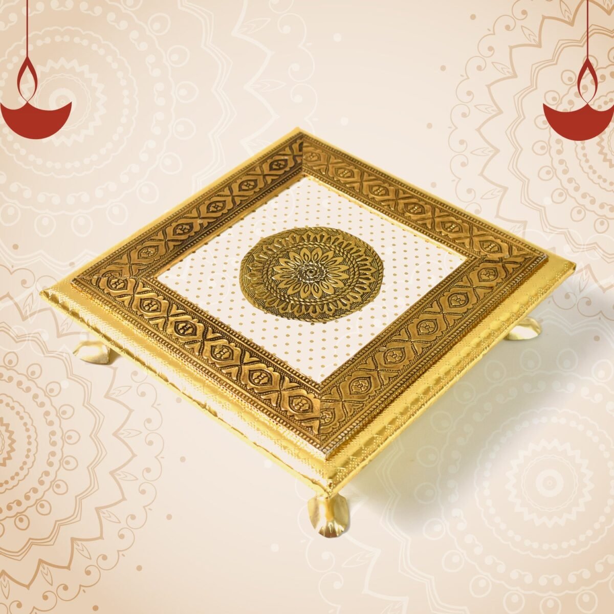 Golden - Square Pooja Chowki Patla / Bajot (20×20 CM / 1 Pc) - Image 4