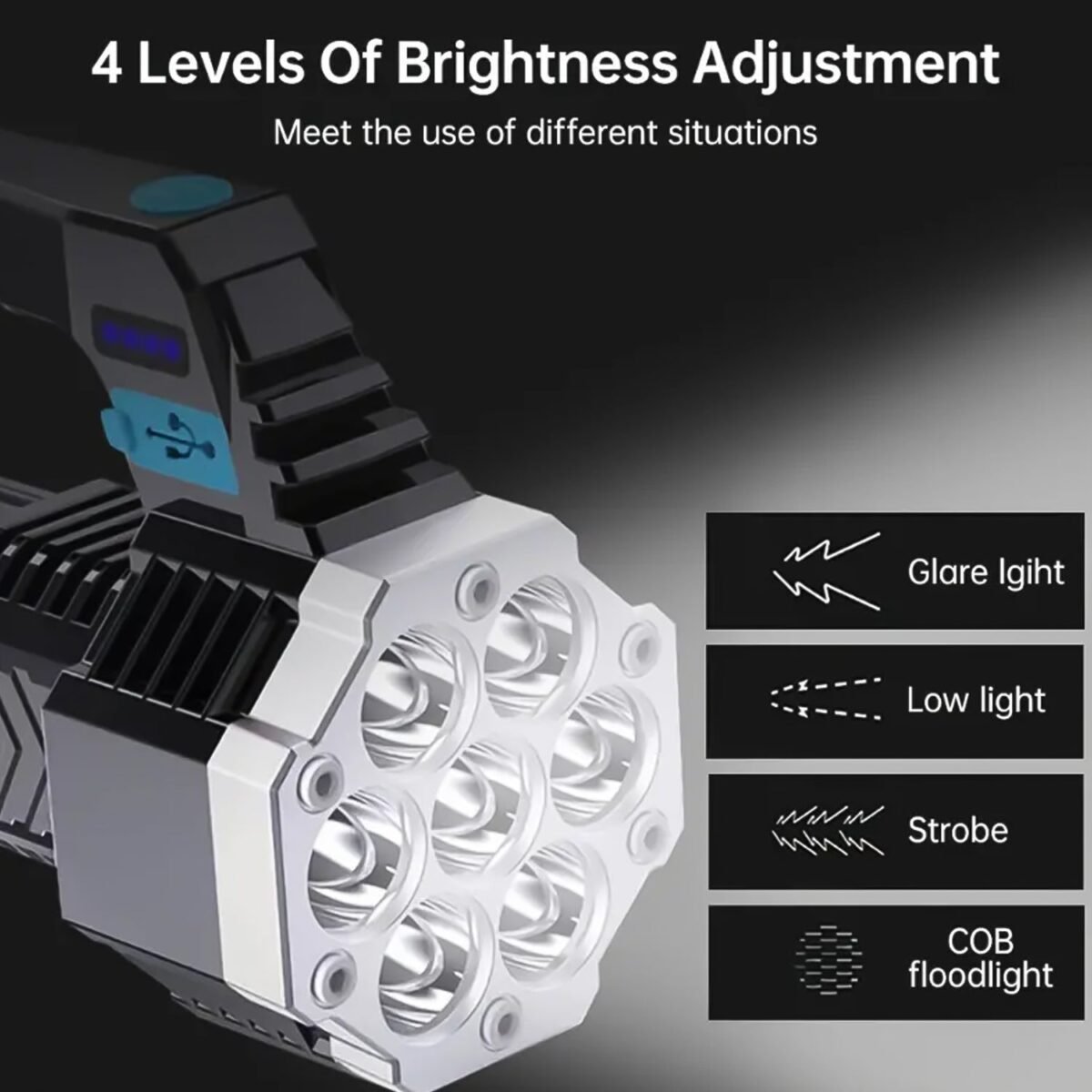 Portable Flashlight / Torch  COB 7LED Hand Light USB Rechargeable Light with Side Light (1 Pc) - Image 3