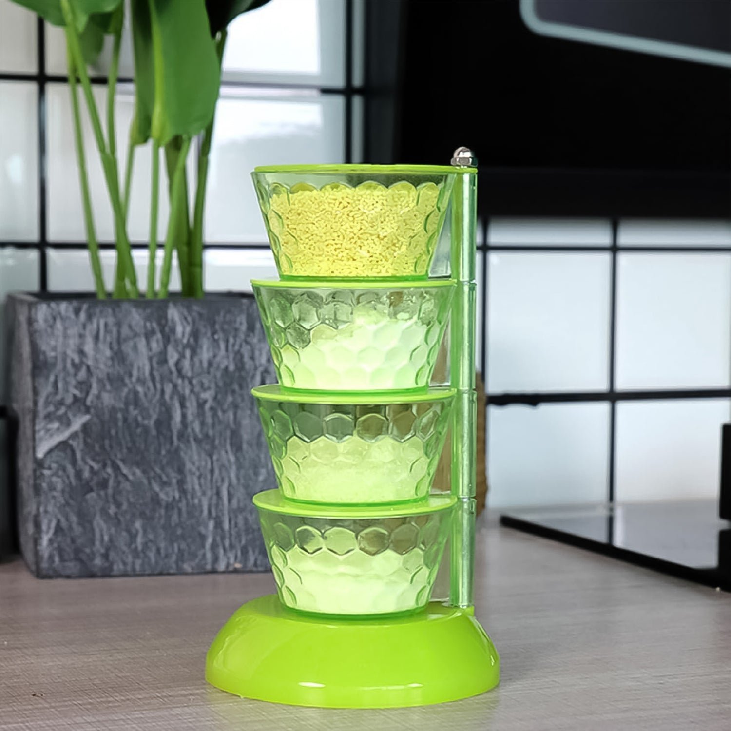 04_746c9bd6-2ef3-4772-994f-1427c9b48be3.jpg 4 Section 360° Rotating Vertical Seasoning Box Plastic Pickle Tower | Spice Rack (4 Layer with 4 Plastic Spoon / 1 Set) - Image 1