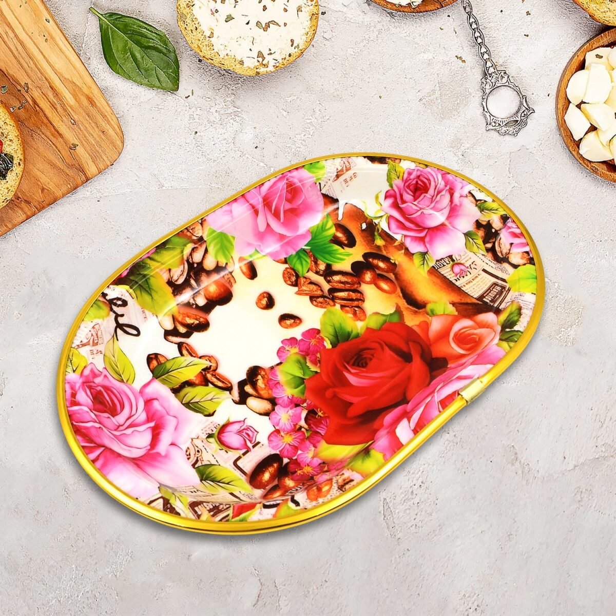 Small Plastic Flower Printed Design Serving Tray (1 Pc / 27 x 18 CM / Mix Color) - Image 1