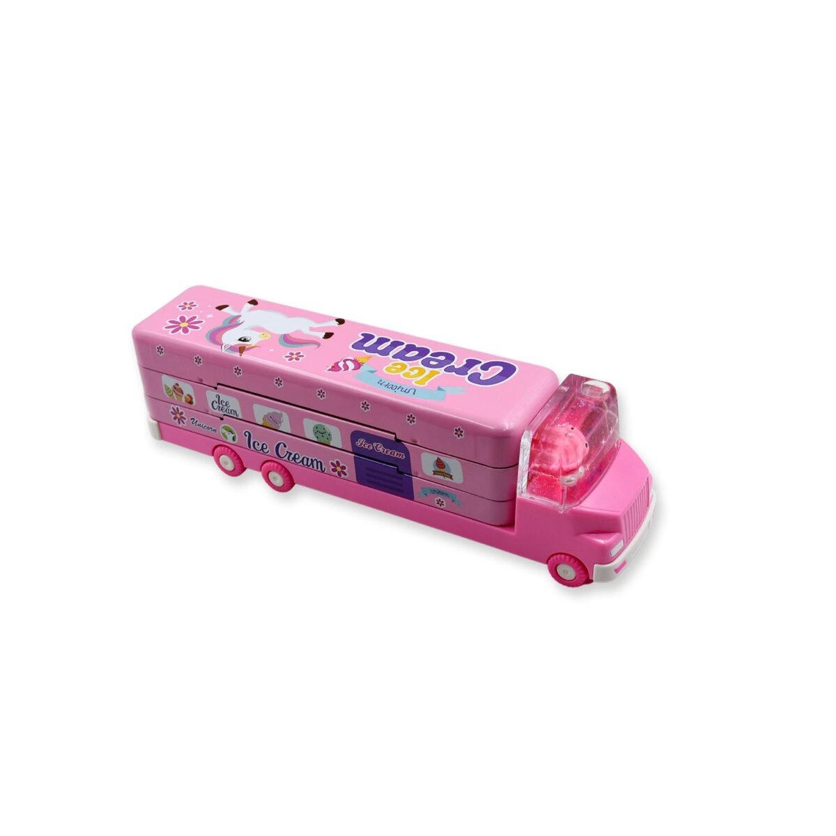 Double Decker Magic Truck Compass Multi Level Metal Truck Compass Pencil Case with Movable Wheels & Sharpener (Mix Design) - Image 5