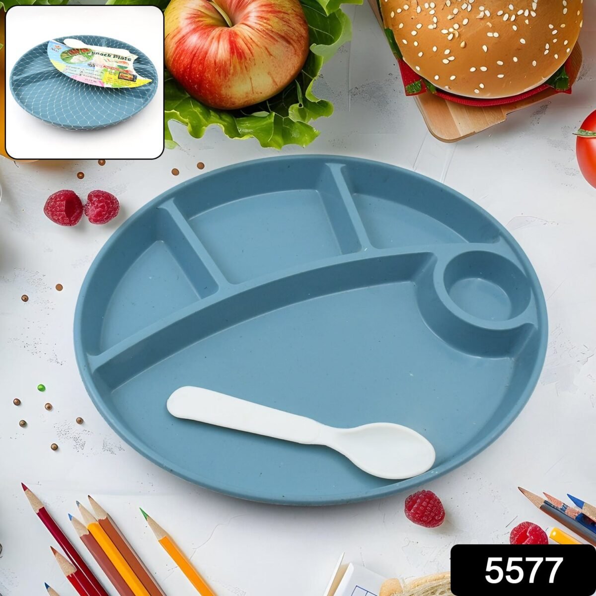 Plastic Food Plates / Biodegradable 5 Compartment Plate With Spoon for Food Snacks / Nuts / Desserts Plates for Kids, Reusable Plates for Outdoor, Camping, BPA-free (1 Pc) - Image 2
