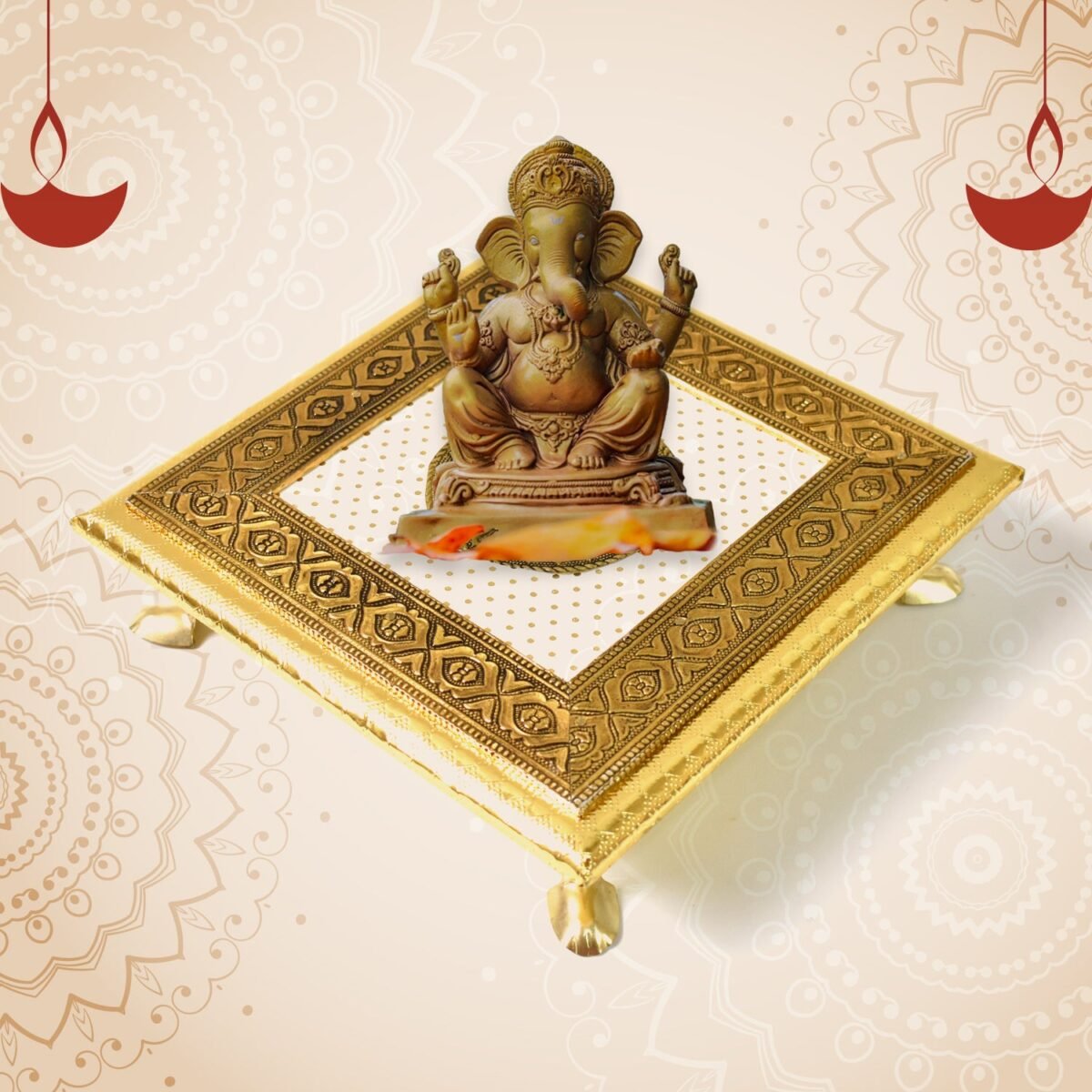 Golden - Square Pooja Chowki Patla / Bajot (20×20 CM / 1 Pc) - Image 7