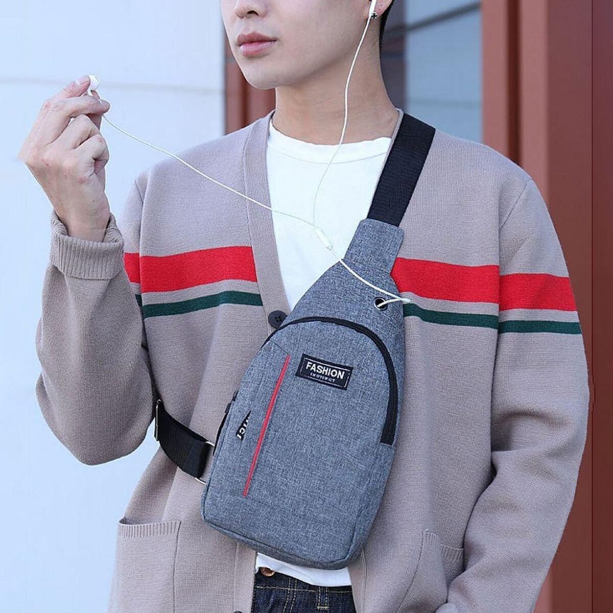 Waterproof Anti-Theft Crossbody Fanny Pack with USB Charging & Earphone Hook (Grey/Blue) - Image 5