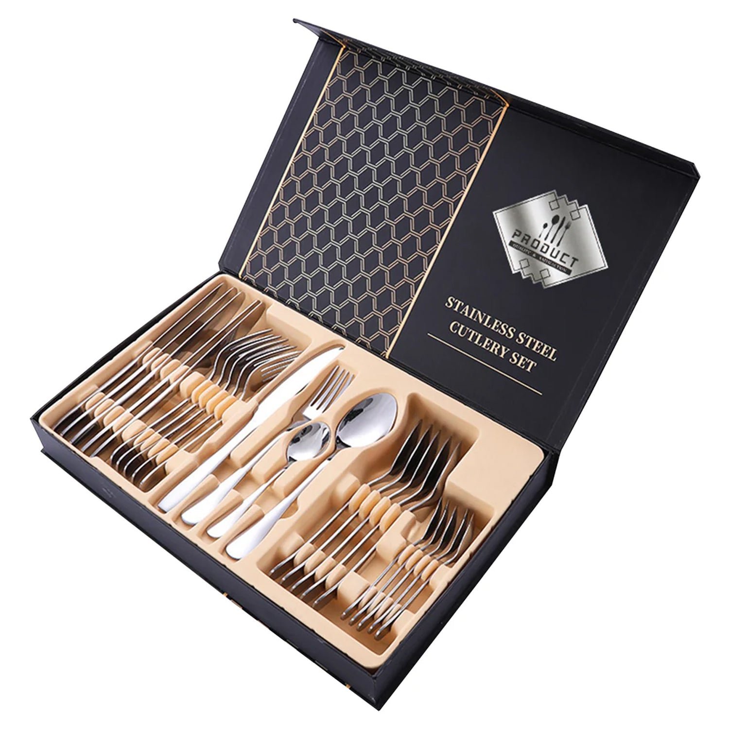 06_3374f67f-4e17-4e53-8fc2-181147eb71bd.jpg Premium Silver Daily Use Cutlery Set Stainless Steel Luxury Combo Set of 24 - Image 1