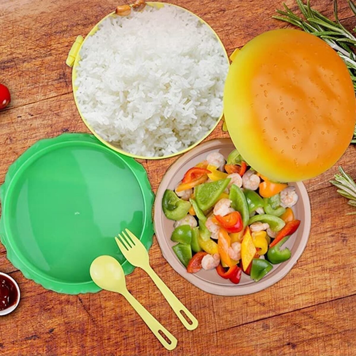 Burger Shape Lunch Box – Double Layer 1000ml Food Container with 2 Spoons for Kids - Image 4