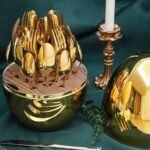 Premium Cutlery Set 24 Pcs with Oval Shaped Stand | Beautiful Stylish Oval Designed Cutlery Sets, Egg-Shaped Luxury Spoon Holder Set  (Golden / 24 pcs set) - Image 3