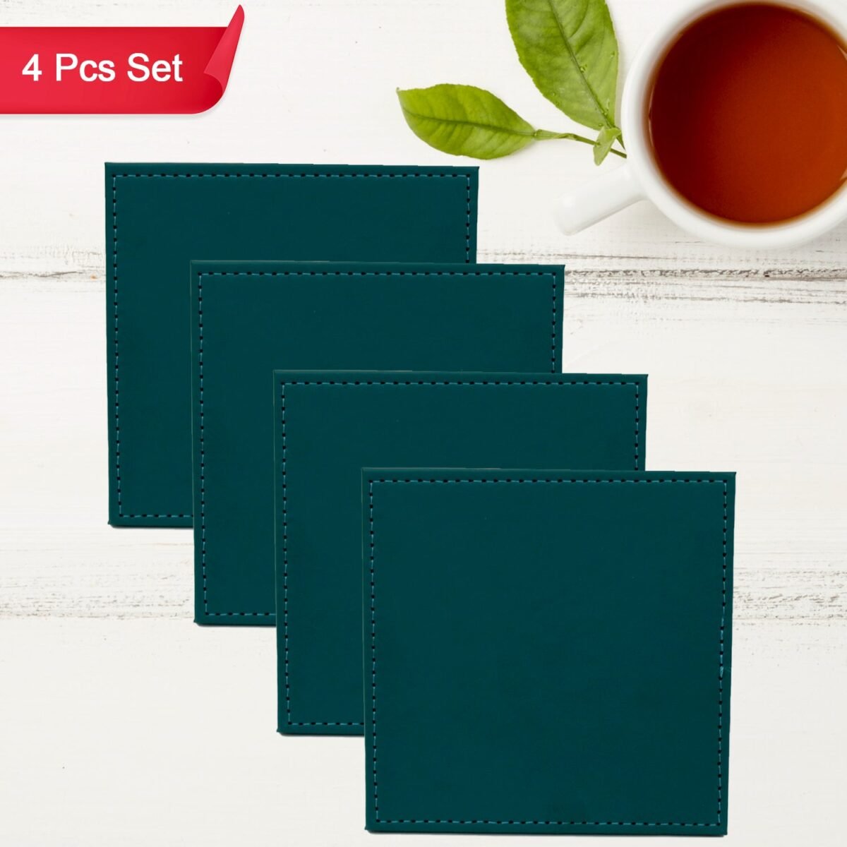 Square Leather Tea Coaster Set – Durable Dining & Coffee Table Decor (4 Pc) - Image 1