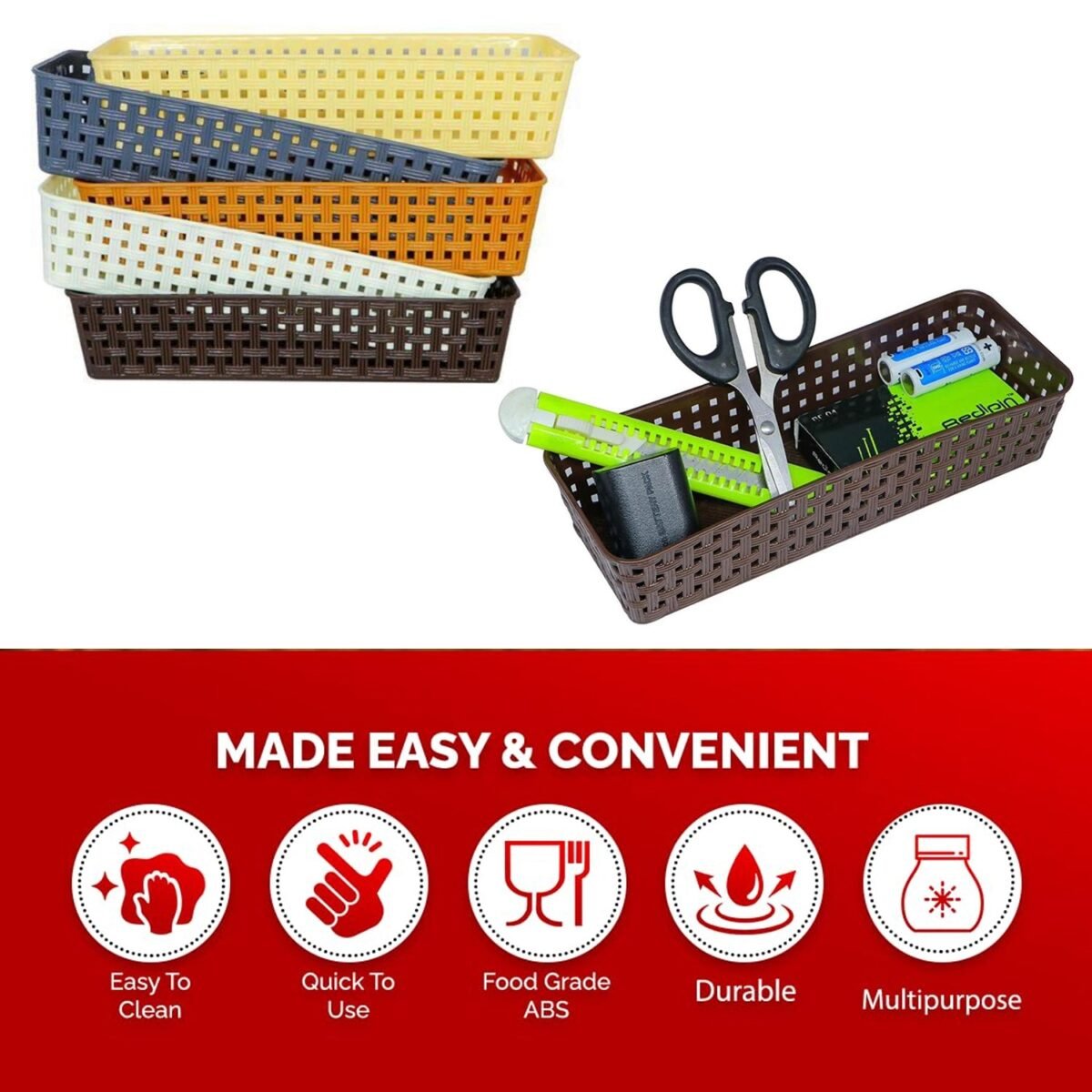 Plastic Multipurpose Desk Organizer Tray Office Drawer Dividers Storage Bins for Kitchen, Bathroom, Office, Makeup, Bedroom Dresser, Craft Basket Rack Multicolour (6 Pcs Set) - Image 7