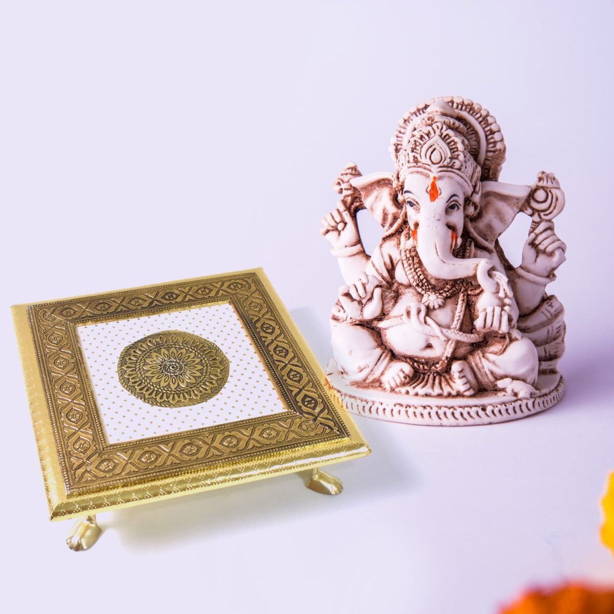 Golden - Square Pooja Chowki Patla / Bajot (20×20 CM / 1 Pc) - Image 3