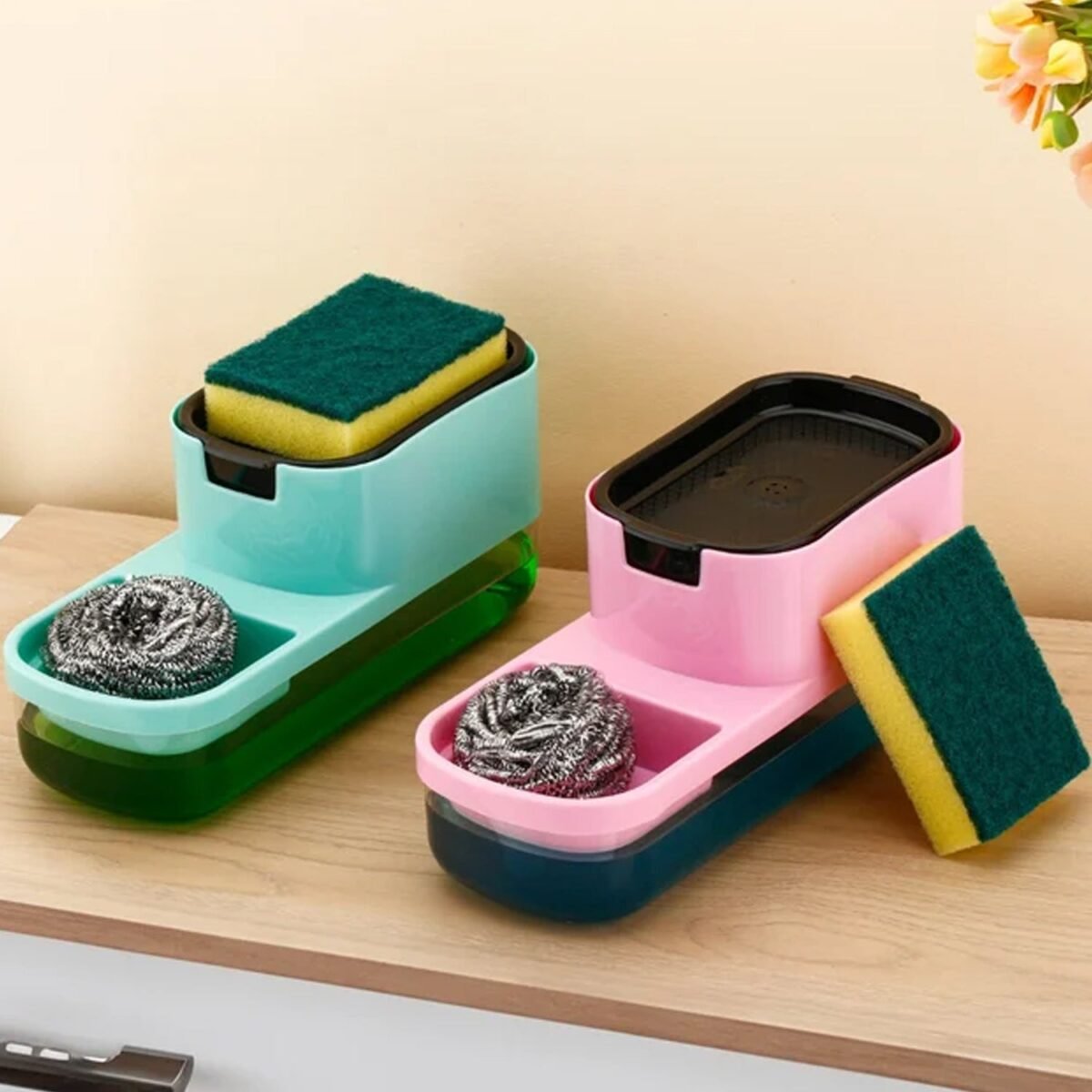 2 in 1 Plastic Dish Soap Liquid Dispenser Sponge Holder (1 Set) - Image 9