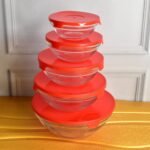 Modern Glass Bowl Set, Mixing / Storage Bowls with Red Lids (5 Pcs Set) - Image 4