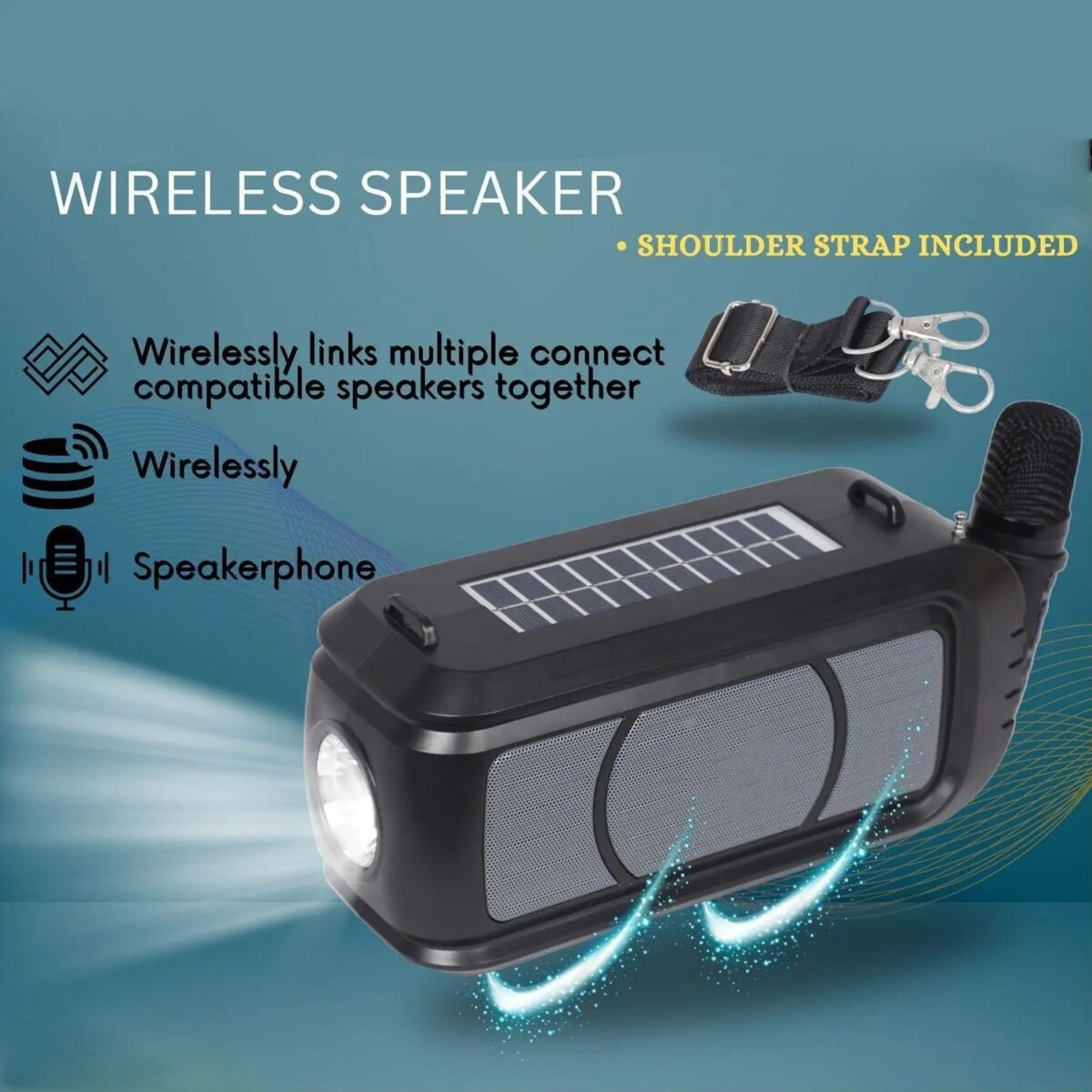 Wireless Bluetooth Speaker 5W High Bass with Wireless Mic / Microphone, LED Torch, Solar Charging, Support USB & Adjustable Strap (1 Set) - Image 4